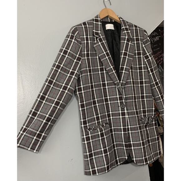 Vintage Womens Size Small Gray Plaid One Button Plaid Blazer Suit Coat Academia - Picture 2 of 8